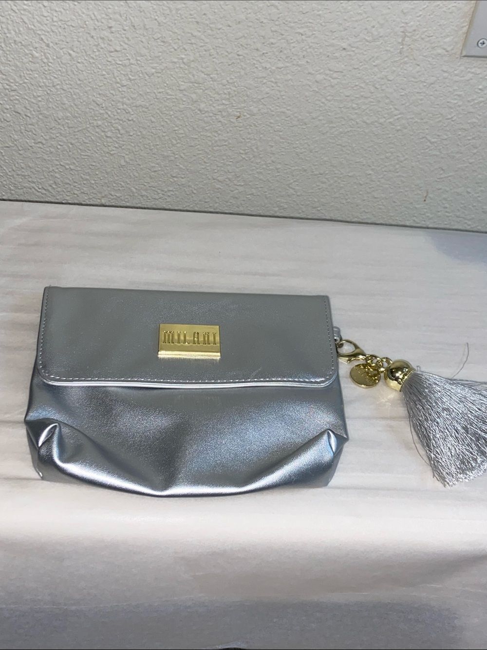 Milani Silver Metallic Tassel Wristlet Clutch with Gold Accents Sz, 6.5”X6”